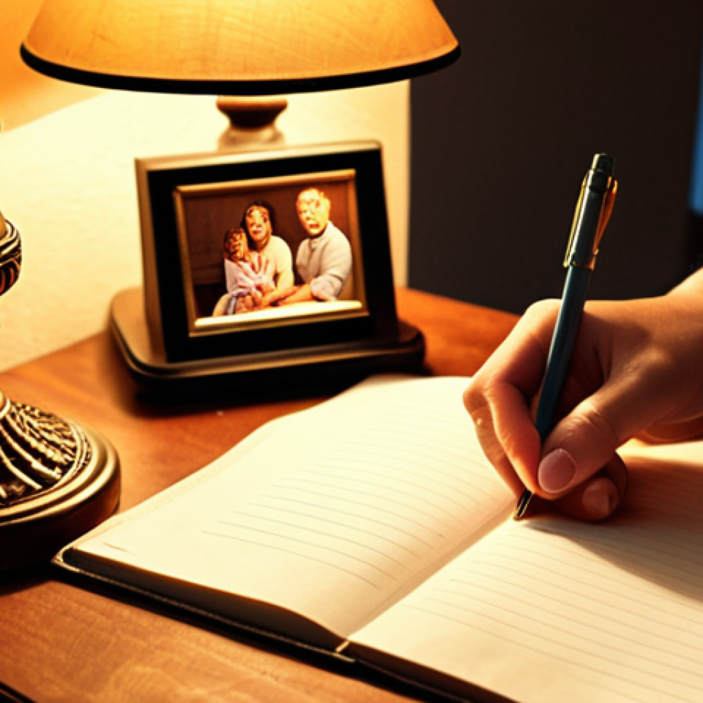 **

Prompt: Gratitude journal on a cozy nightstand with a warm lamp, a pen resting on the open page. A loving hand gently placing a thankful note next to a family photo. Golden hour light fills the room.

**