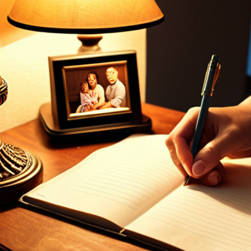 Home 11 **
Prompt: Gratitude journal on a cozy nightstand with a warm lamp, a pen resting on the open page. A loving hand gently placing a thankful note next to a family photo. Golden hour light fills the room.
**