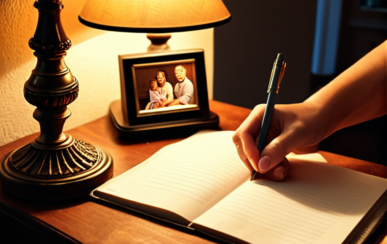 **
Prompt: Gratitude journal on a cozy nightstand with a warm lamp, a pen resting on the open page. A loving hand gently placing a thankful note next to a family photo. Golden hour light fills the room.
**