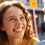 **Warm First Impression:** A friendly person with a genuine smile, radiating positive energy like sunshine, making eye contact during a conversation.