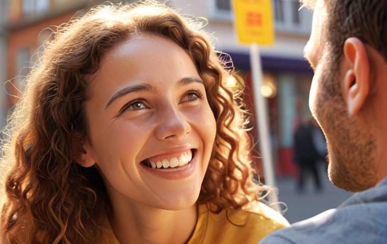 **Warm First Impression:** A friendly person with a genuine smile, radiating positive energy like sunshine, making eye contact during a conversation.