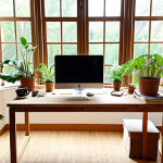 A brightly lit, minimalist home office space. A clean wooden desk is positioned by a large window, with a lush green plant sitting on it. The room is decluttered, conveying a sense of serene productivity and mental peace. Soft natural light streams in, highlighting the harmonious and inspiring atmosphere, perfect for focus and creativity.
