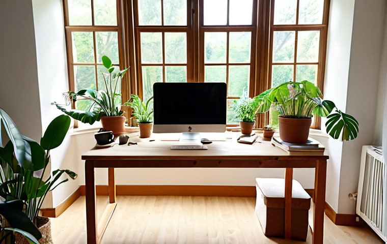 A brightly lit, minimalist home office space. A clean wooden desk is positioned by a large window, with a lush green plant sitting on it. The room is decluttered, conveying a sense of serene productivity and mental peace. Soft natural light streams in, highlighting the harmonious and inspiring atmosphere, perfect for focus and creativity.