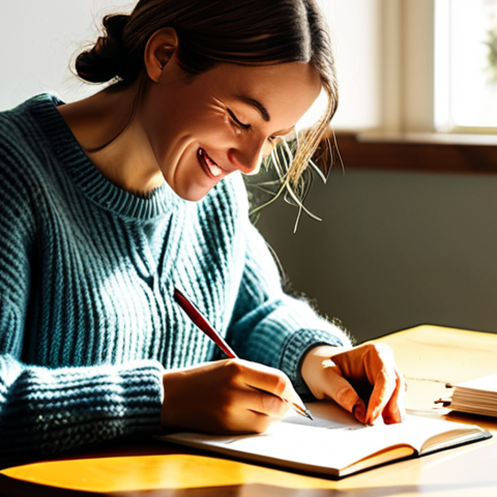 **
"A woman joyfully writing in a gratitude journal at a sunlit breakfast table, fully clothed in a cozy sweater, safe for work, appropriate content, modest, domestic scene, perfect anatomy, correct proportions, well-formed hands, natural pose, family-friendly, soft lighting, illustration."
**
