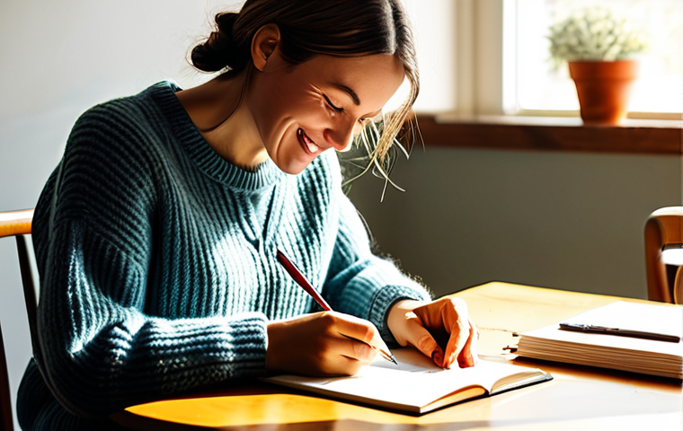 **
"A woman joyfully writing in a gratitude journal at a sunlit breakfast table, fully clothed in a cozy sweater, safe for work, appropriate content, modest, domestic scene, perfect anatomy, correct proportions, well-formed hands, natural pose, family-friendly, soft lighting, illustration."
**