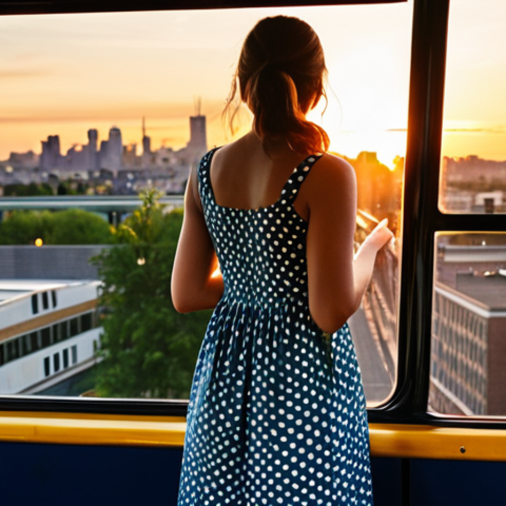 Finding Joy in Unexpected Moments**

A young woman, fully clothed in a modest sundress, stands by a bus window watching a vibrant sunset over a cityscape, appropriate attire, safe for work, professional, perfect anatomy, correct proportions, well-formed hands, natural pose, warm lighting, family-friendly.

**