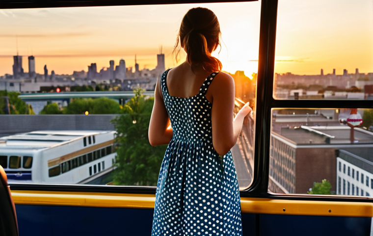 Finding Joy in Unexpected Moments**
A young woman, fully clothed in a modest sundress, stands by a bus window watching a vibrant sunset over a cityscape, appropriate attire, safe for work, professional, perfect anatomy, correct proportions, well-formed hands, natural pose, warm lighting, family-friendly.
**