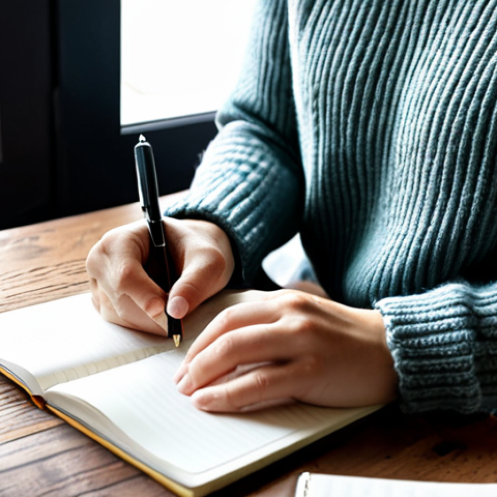 행복을 위한 심리학적 기법 - Gratitude Journaling**
A woman in a cozy, fully clothed outfit (sweater and jeans), sitting at a wo...