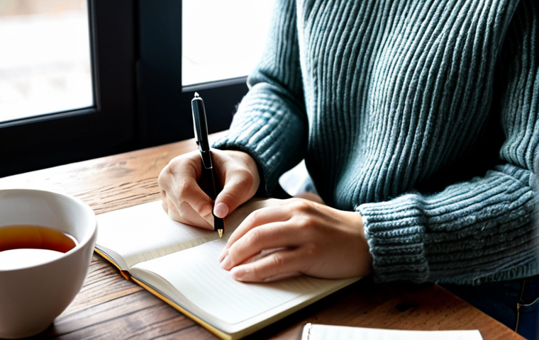 행복을 위한 심리학적 기법 - Gratitude Journaling**
A woman in a cozy, fully clothed outfit (sweater and jeans), sitting at a wo...