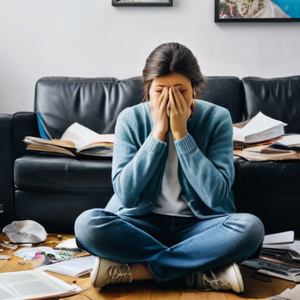 행복을 위한 정리 정돈 - An adult individual looking overwhelmed and stressed, sitting in a extremely cluttered and messy liv...