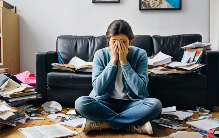 행복을 위한 정리 정돈 - An adult individual looking overwhelmed and stressed, sitting in a extremely cluttered and messy liv...