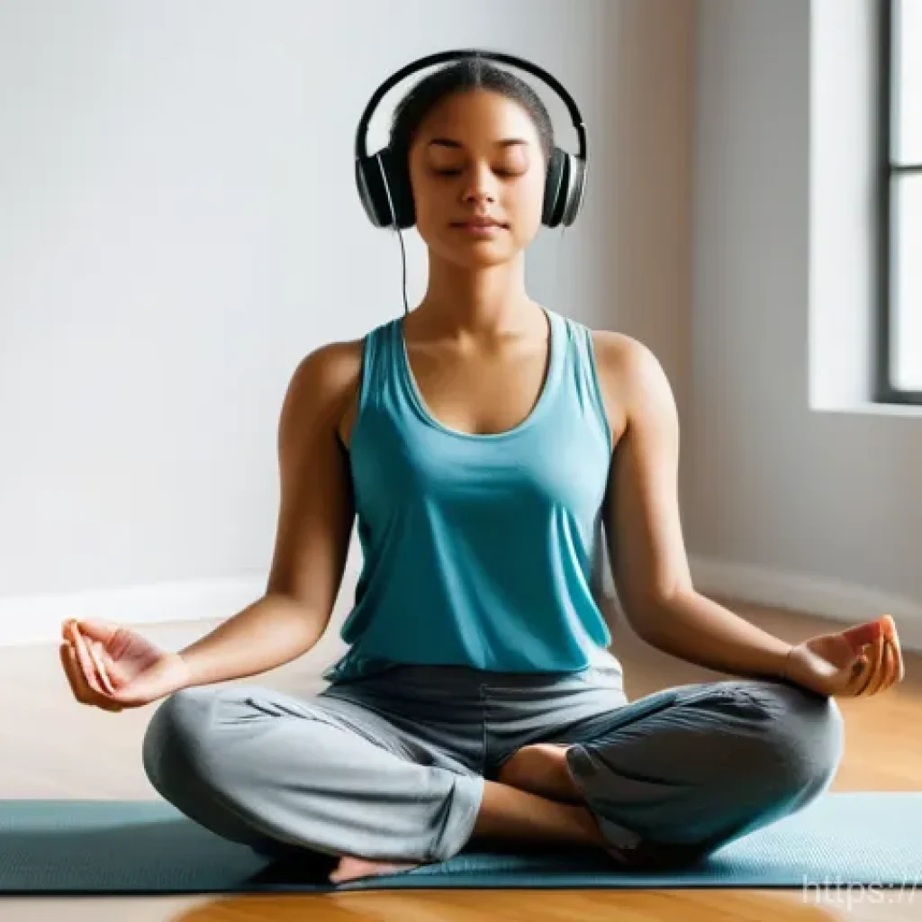 행복한 마음을 위한 음악 추천 - A young woman in her late 20s, with a serene expression and soft, natural makeup, is meditating in a...