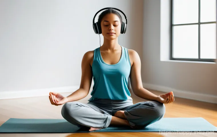 행복한 마음을 위한 음악 추천 - A young woman in her late 20s, with a serene expression and soft, natural makeup, is meditating in a...