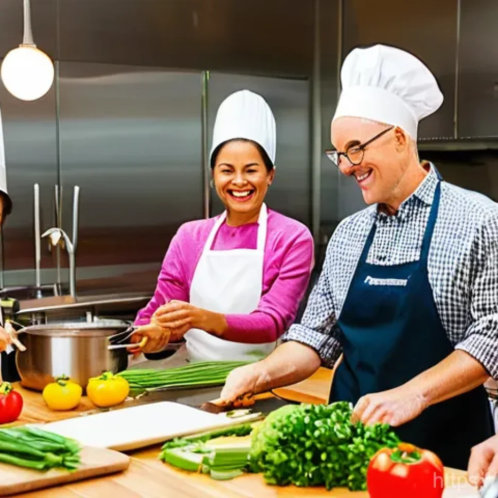 행복을 위한 사회적 활동 참여 - **Prompt:** A vibrant and bustling kitchen classroom scene, filled with a diverse group of adults of...