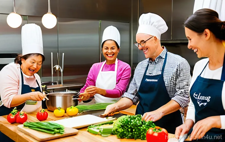 행복을 위한 사회적 활동 참여 - **Prompt:** A vibrant and bustling kitchen classroom scene, filled with a diverse group of adults of...