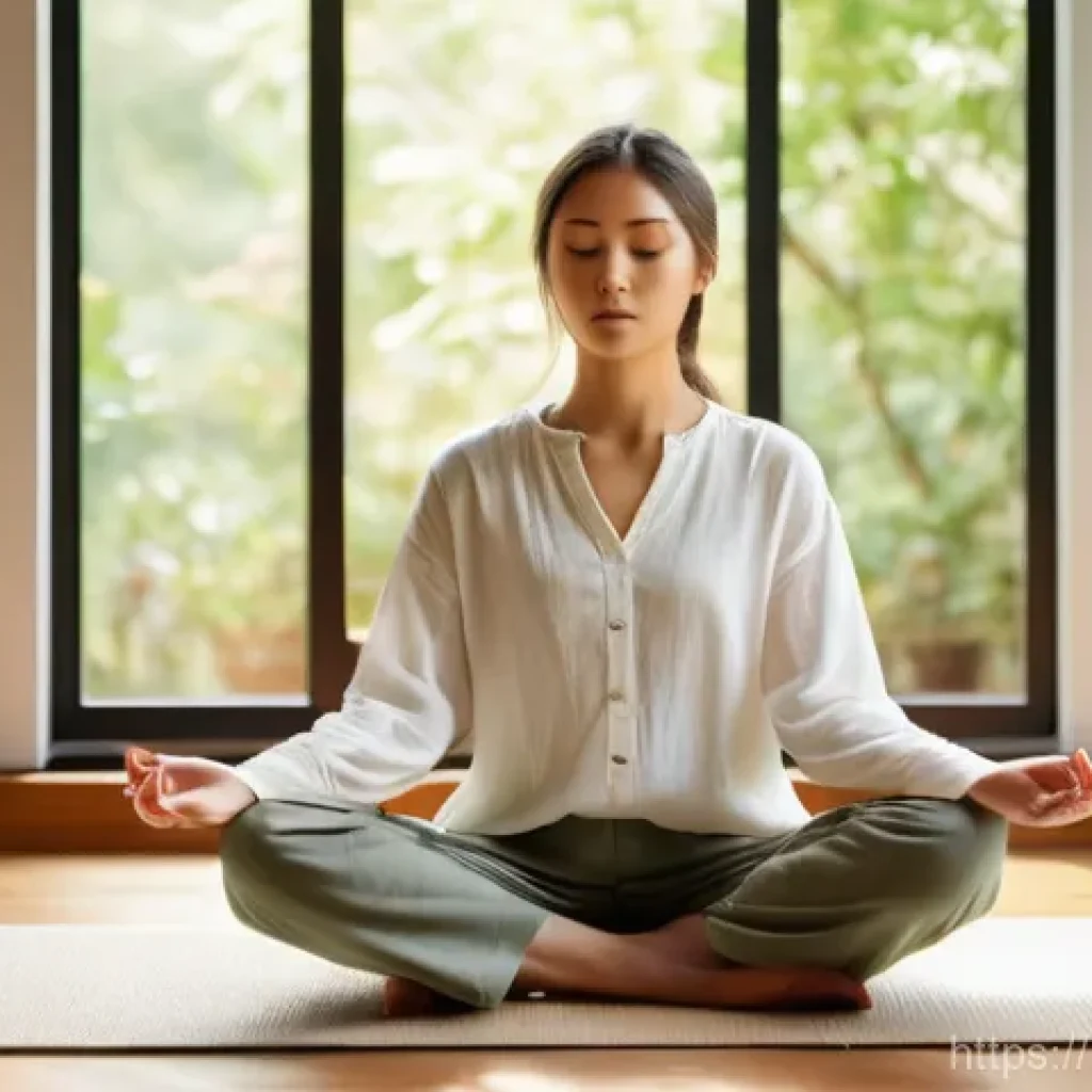 행복을 위한 행복한 마음 갖기 - **Prompt 1: Inner Peace and Self-Reflection**
A young woman, approximately 25 years old, with he...