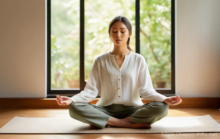 행복을 위한 행복한 마음 갖기 - **Prompt 1: Inner Peace and Self-Reflection**
A young woman, approximately 25 years old, with he...