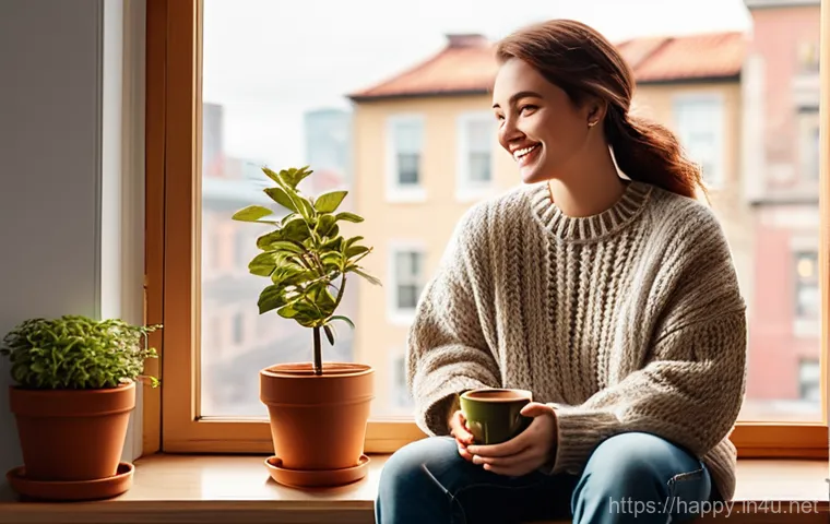 행복을 위한 행복한 마음 갖기 - **Prompt 1: Inner Peace and Self-Reflection**
    A young woman, approximately 25 years old, with he...