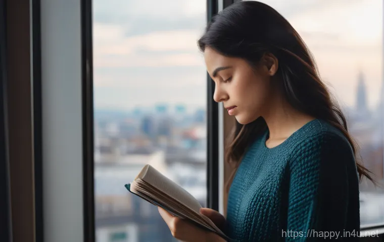 행복을 위한 감성적 자아 찾기 - A woman, appearing initially overwhelmed and lost, stands amidst a bustling, slightly blurred modern...