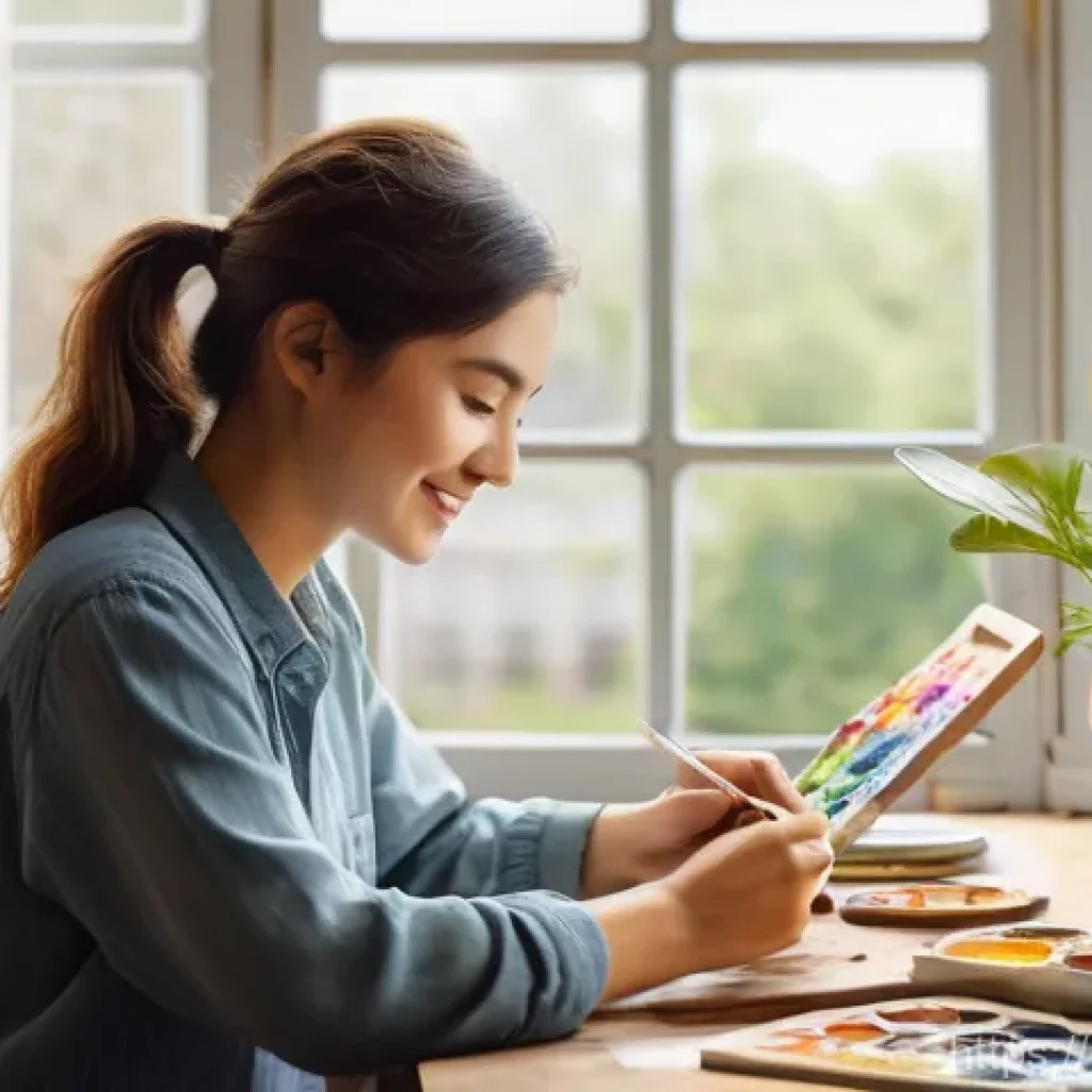 행복을 위한 취미 찾기 - A person in their late 20s to early 30s, with a gentle smile, meticulously painting a vibrant waterc...