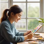 행복을 위한 취미 찾기 - A person in their late 20s to early 30s, with a gentle smile, meticulously painting a vibrant waterc...