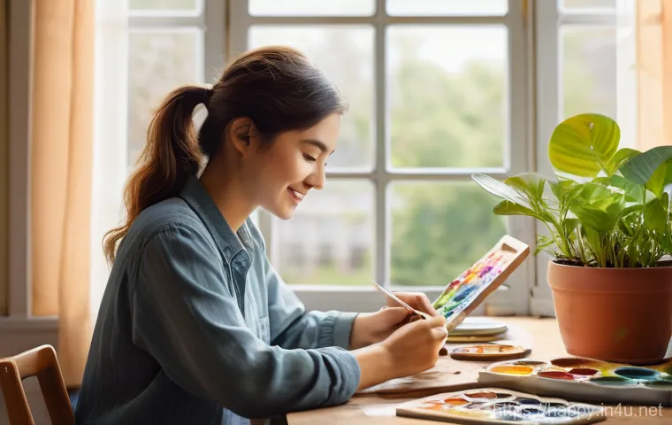 행복을 위한 취미 찾기 - A person in their late 20s to early 30s, with a gentle smile, meticulously painting a vibrant waterc...