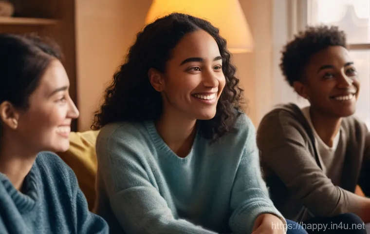 행복을 위한 대인 관계의 중요성 - **Prompt**: A diverse group of friends, aged 20s-30s, gathered in a warmly lit, cozy living room dur...