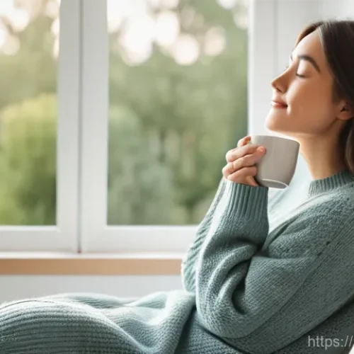 Home 21 행복한 사람들의 일상 - **A Serene Morning of Gratitude:** A woman in her late 20s to early 30s, with a gentle smile, sits c...