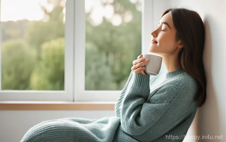 행복한 사람들의 일상 - **A Serene Morning of Gratitude:** A woman in her late 20s to early 30s, with a gentle smile, sits c...